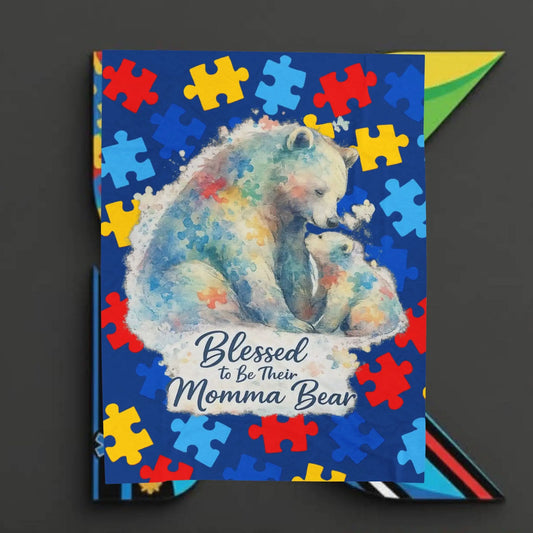Momma Bear Plush Blanket – "Blessed to be Their Momma Bear" Autism Puzzle Throw
