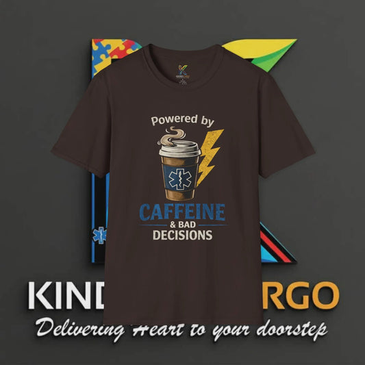 "Powered by Caffeine & Bad Decisions" Coffee Funny EMS Graphic Tee Printify