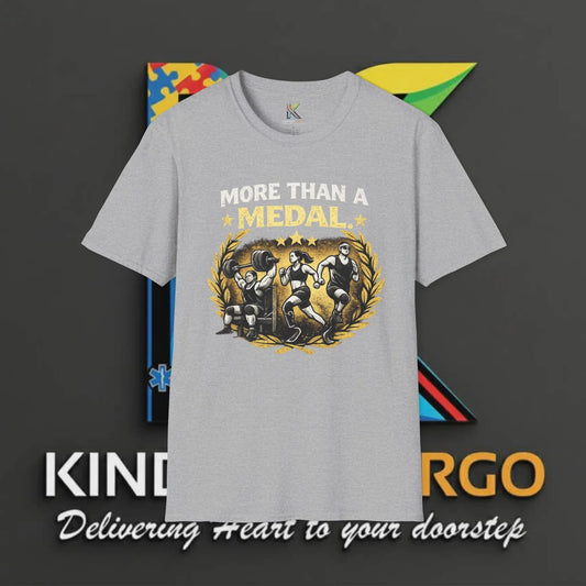 Gray t-shirt with graphic design and text on a dark background