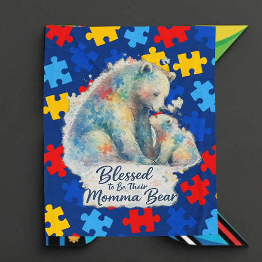 Momma Bear Plush Blanket – "Blessed to be Their Momma Bear" Autism Puzzle Throw