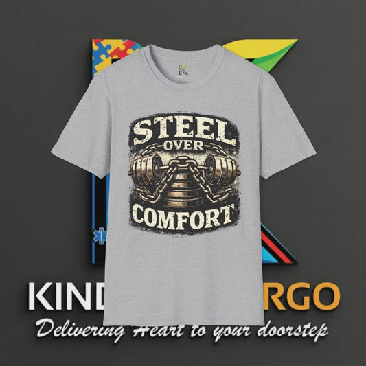 Steel Over Comfort T-Shirt — Weightlifting Gym Tee for Fitness Lovers Printify