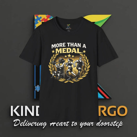 Black t-shirt with 'More than a Medal' graphic and Kargo logo on a dark background