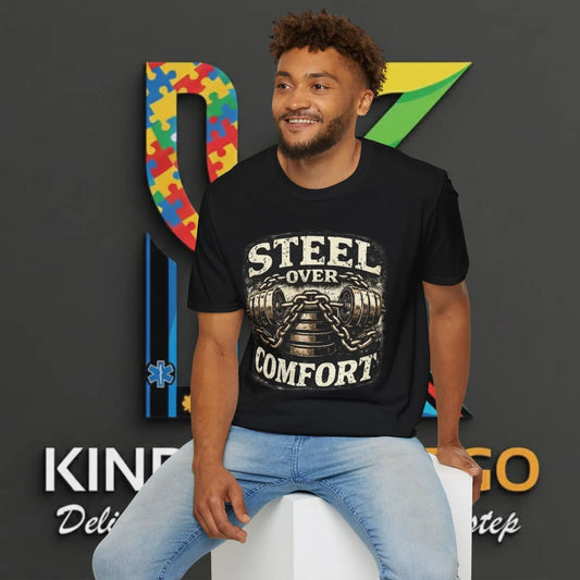 Steel Over Comfort T-Shirt — Weightlifting Gym Tee for Fitness Lovers Printify